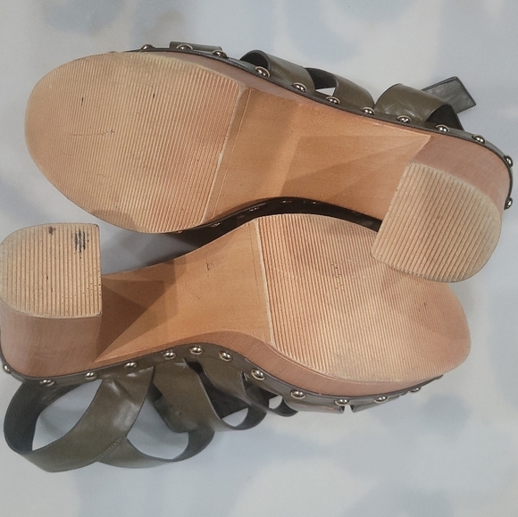 Leather Nine West Cage Chunky Heel Sandals Sz 10 Army Green Fisherman Clogs - Picture 12 of 12